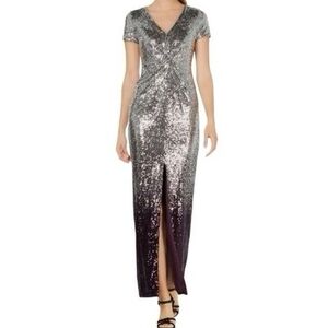 Calvin Klein Sequined Ombre Maxi Dress Silver Purple V-Neck Ball Gown Size 8